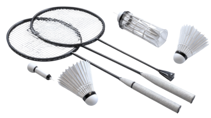 Badminton equipment set.  Two rackets, shuttlecocks, and birdies arranged