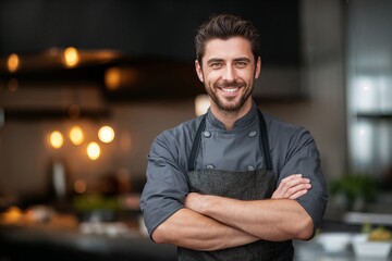 Fototapeta premium Portrait of professional smiling male chef with crossed arms who poses confidently in a cozy kitchen on a background, dressed in a gray uniform and apron. An attractive man cook stands in restaurant.