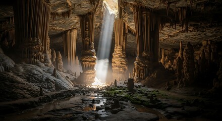 Cave Interior with Sunlight Beam.