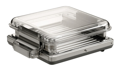 Clear plastic enclosure, metal base,  holds rows of tubes or components.  Elevated platform inside