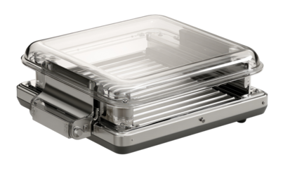 Clear plastic enclosure, metal base,  holds rows of tubes or components.  Elevated platform inside
