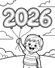 Coloring page boy with 2026 balloons for new year celebration