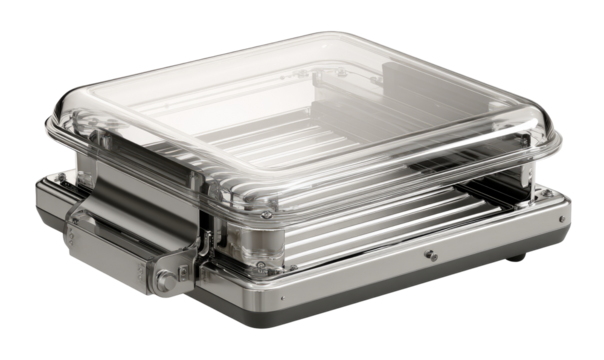 Clear plastic enclosure, metal base,  holds rows of tubes or components.  Elevated platform inside