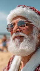 Santa enjoys a sunny beach day with stylish sunglasses and festive attire in a vibrant coastal setting
