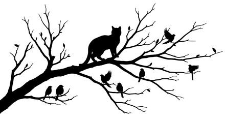 Silhouette of a watchful cat perched on a bare tree branch surrounded by small birds © rabbivay