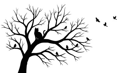 Silhouette of a bare tree with a perched cat and flying birds against a stark white background