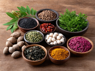 Fresh herb and spice assortment with dried leaves, seeds, mushrooms, turmeric powder and colorful shredded vegetable creating rustic culinary still life full of earthy aroma and texture