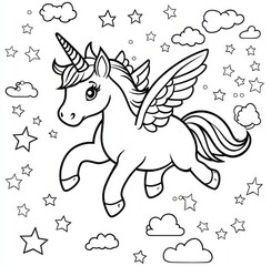 Coloring page for kids with cute cartoon unicorn with wings flying in sky among stars and clouds, thick outline simple black and white vector illustration