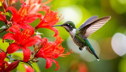 Naklejka premium Vibrant hummingbird hovers near bright orange flowers