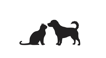 Silhouette of a domestic cat and dog facing each other in a gentle friendly encounter
