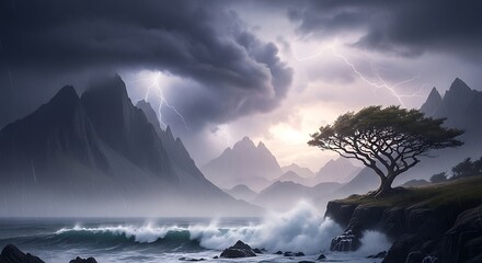 Stormy Mountain Ocean Landscape with Lone Tree.