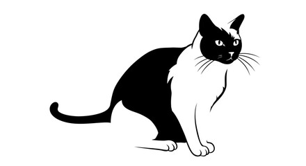 Stylized black and white illustration of a siamese cat sitting with its body half dark and half light