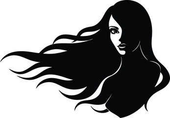Stylized black silhouette of a woman with flowing hair