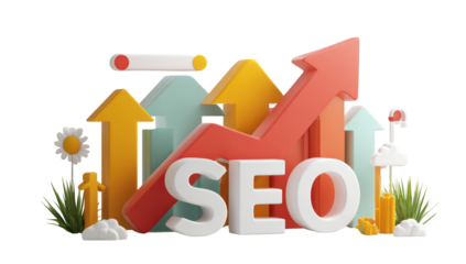 Colorful 3D SEO concept upward arrows, text, clouds, and grass