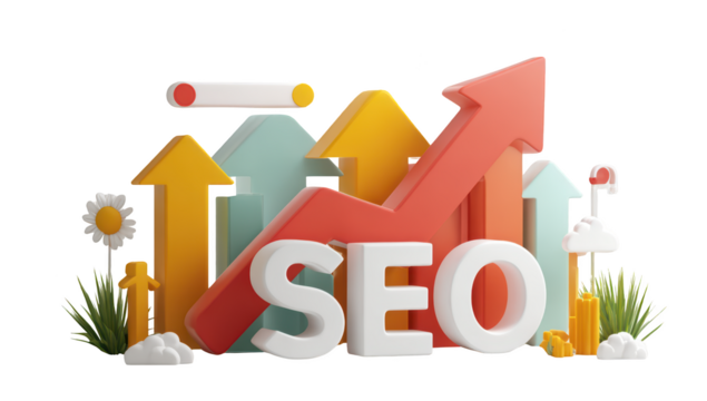 Colorful 3D SEO concept upward arrows, text, clouds, and grass - Powered by Adobe