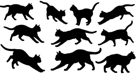 Collection of black cat silhouettes in various dynamic poses showing agility and grace