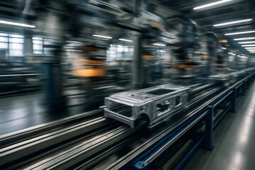 Car body frame moving on an assembly line inside a modern car factory, showcasing the efficiency of automated manufacturing processes