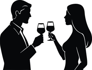 Couple silhouettes toasting with wine glasses