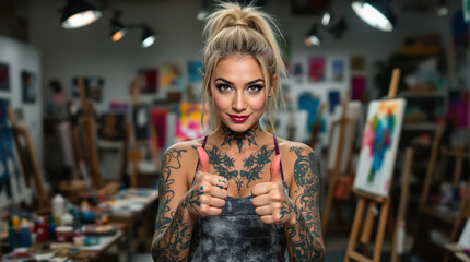 Fototapeta premium Tattooed Blonde Artist in Studio Giving Two Thumbs Up