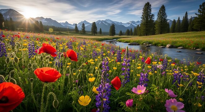 Colorful Wildflower Meadow with Mountain Stream.