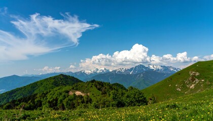 Mountain vista, lush green slopes