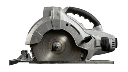 Close-up of a circular saw.  Gray metal body, spinning blade, and a base