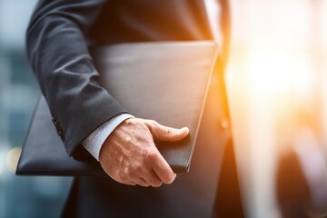 Close-up of a businessman holding a sleek black leather folder in a modern office environment, bathed in soft, warm sunlight, suggesting professionalism and success.