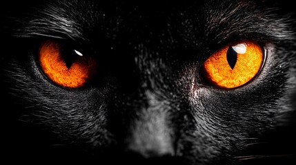 illustration of a black cat face with intense pumpkin-colored eyes glowing in the dark. Shadows cover most of the face except for the striking orange eyes staring directly ahead. cat face, glowing 