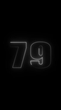 Number 79 glowing with white neon outline on a black background seventy nine numeral