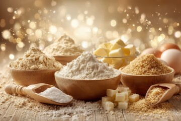 A delicious array of baking ingredients including flour, sugar, butter, and eggs, artistically arranged on a rustic wooden table with golden bokeh lights.