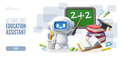 Service for education 3D vector landing page, Chatbot study assistance, school lesson with robot Artificial intelligence