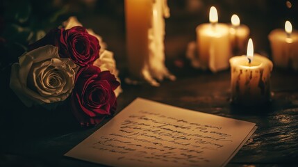 Romantic Atmosphere with Roses, Candles, and Handwritten Note