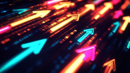Obraz premium Dynamic neon arrows flashing across a pitch-black background digital art futuristic environment eye-level view for enhanced visual impact