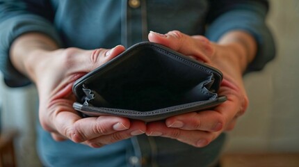 Empty wallet held by person with hands in close-up view  