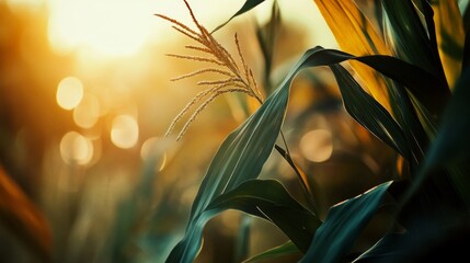 Harvesting mature corn ears on the plant agricultural field macro photography sunlit environment close-up view botanical study