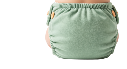 Faded sage green organic cotton cloth diaper, soft flannel texture, subtle pilling, wooden buttons, from behind, white background with copy space, sustainable and nurturing childcare concept