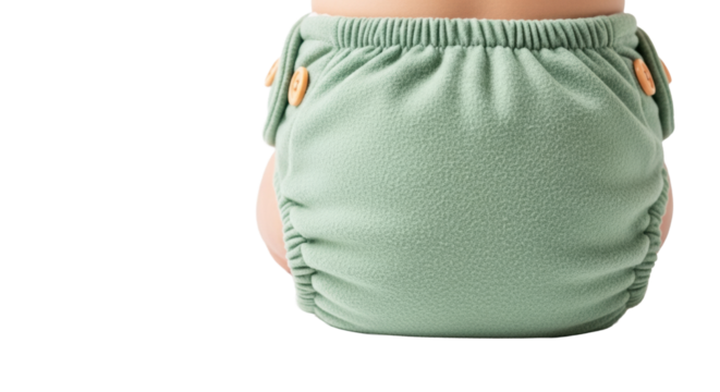 Faded sage green organic cotton cloth diaper, soft flannel texture, subtle pilling, wooden buttons, from behind, white background with copy space, sustainable and nurturing childcare concept