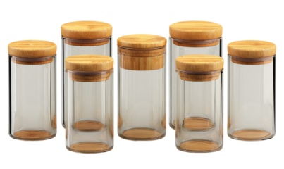 Clear glass jars with bamboo lids arranged in a row