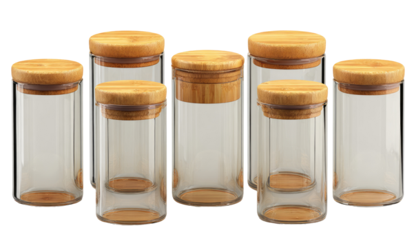 Clear glass jars with bamboo lids arranged in a row