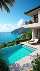 Fototapeta premium Luxury holiday villa with private pool, stunning ocean views, spacious terrace, and lush gardens Perfect for a relaxing getaway , architecture, sunrise, palm trees
