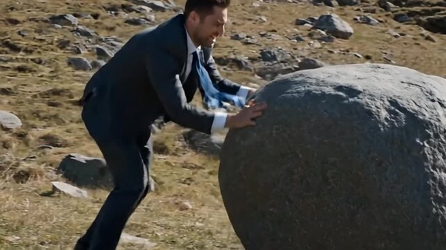 A man in a suit rolls a huge boulder up a hill. Modern reimagining of the myth of Sisyphus.