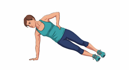 Athletic woman focused doing a side plank exercise against a white background