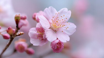 Obraz premium Close up of delicate pink cherry blossoms with yellow stamen on a branch