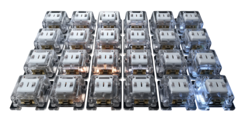 Grid of translucent electrical outlets/switches, glowing subtly