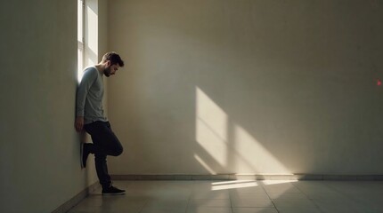 Young man standing by window looking thoughtful in empty room  