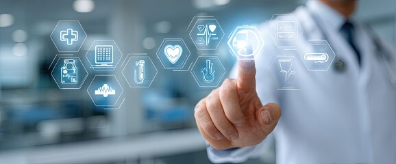 Doctor interacting with holographic medical interface.  A doctor in a white coat touches a glowing, holographic medical interface with a finger. 