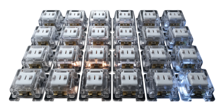 Grid of translucent electrical outlets/switches, glowing subtly