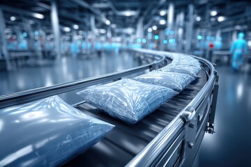 Bags moving on conveyor belt in factory, automation process in production line, streamlined logistics and manufacturing, innovative packaging technology, efficiency in supply chain.