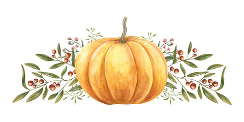 Hand painted yellow orange pumpkin and red berries plant watercolor illustration on isolated background. Fall harvest. Autumn composition for thanksgiving decor, harvest posters, festive design.