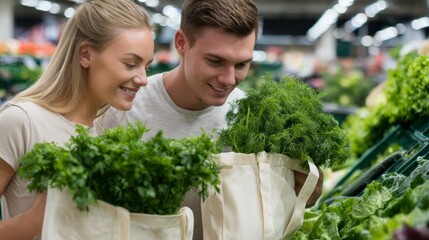 Young couple shopping for fresh herbs and vegetables in a grocery store during afternoon hours